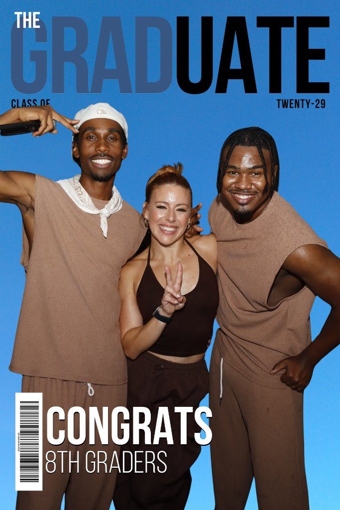 Magazine-cover style graduation print with three guests